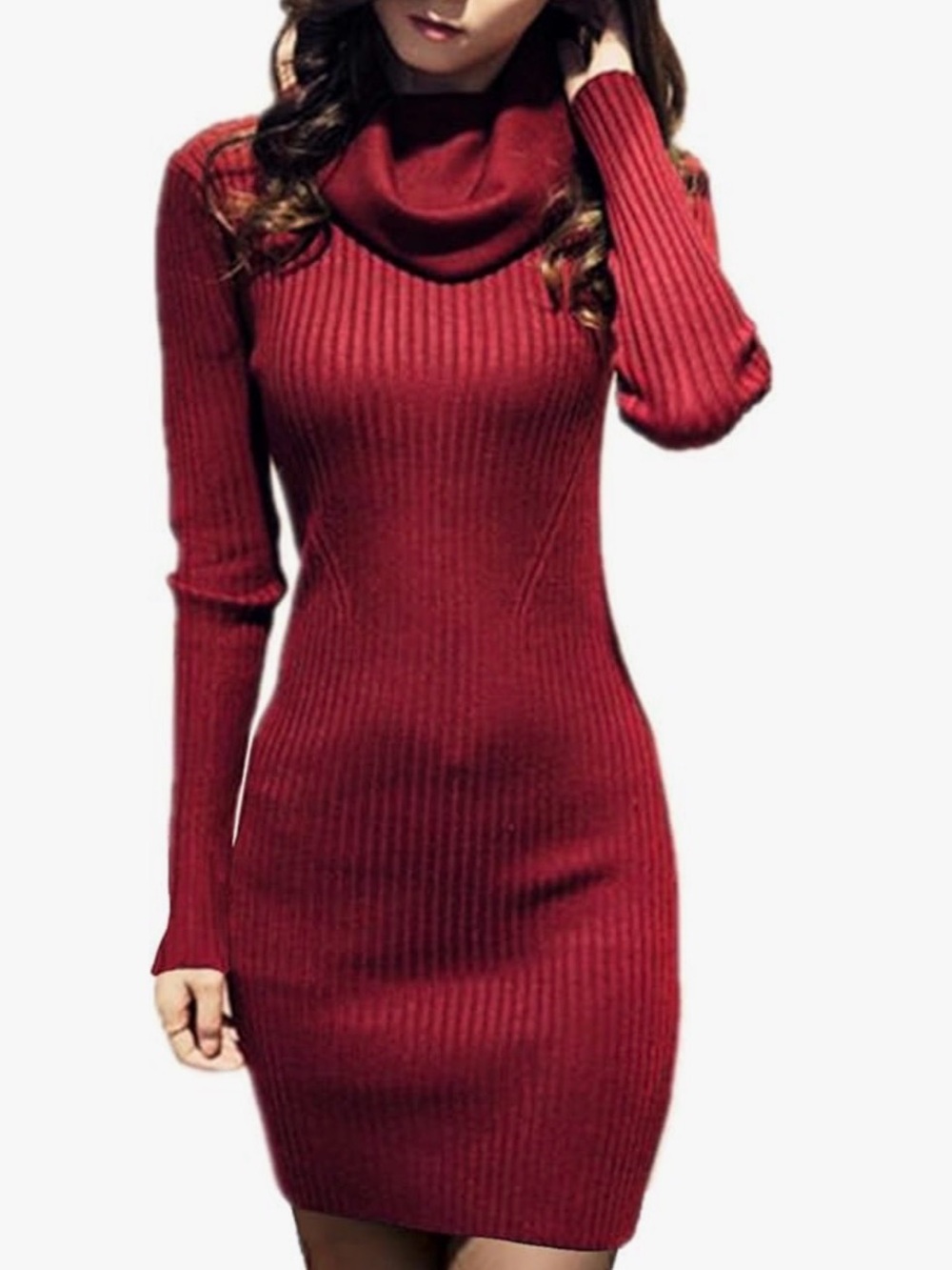 Ribbed Cowl Neck Sweater Dress - Wine Red